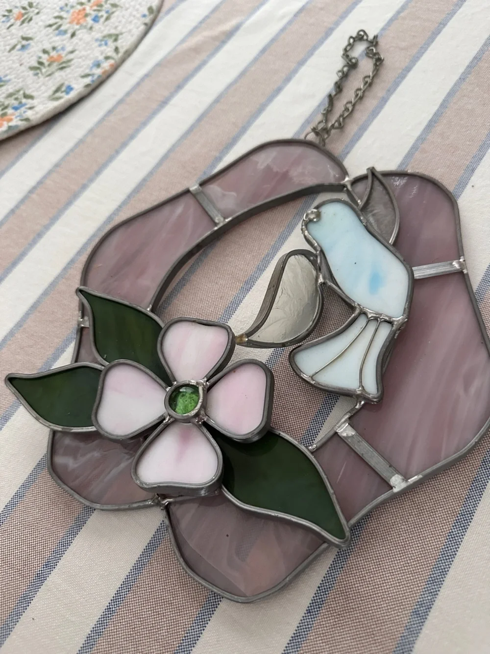 Pink Stained Glass Dove Suncatcher with Flower